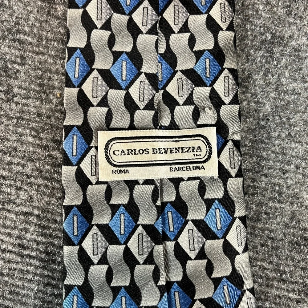 Carlos Devenezia Mens Silk Tie Blue Grey Black Geometric Handmade 60x4